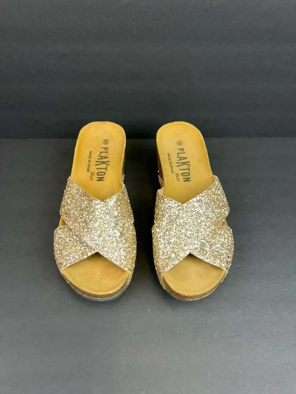 Plakton Bios Gold Glitter Cross-Strap Wedge Sandals US 7.5 Euro 38